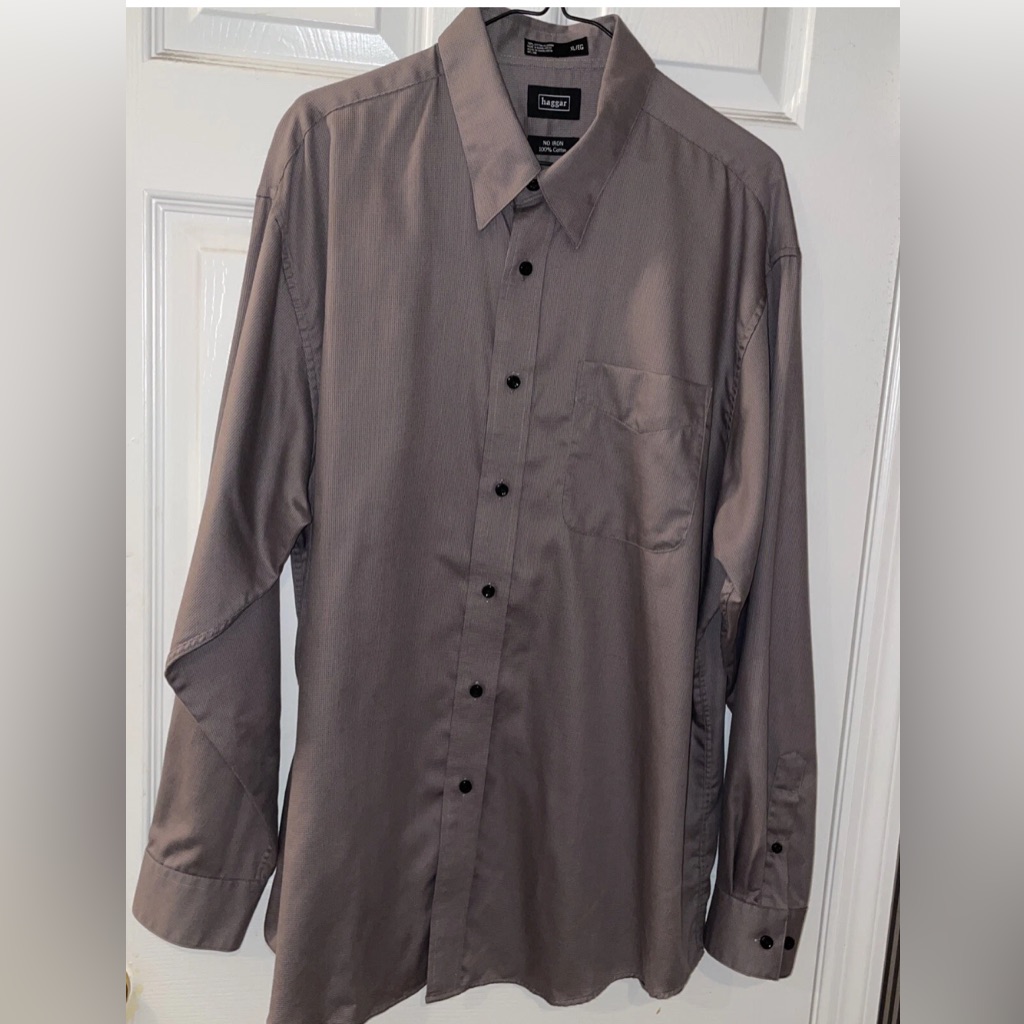 Men’s Haggar Ls Straight Collar Dress Shirt Gray/Dark Pin Points Size Xl/Eg